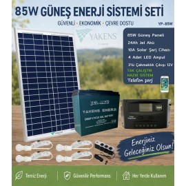 85W Güneş Enerji Sistemi Seti – Telefon Şarjlı Taşınabilir Solar Aydınlatma Paketi | 9Ah Akü + 10A Şarj Kontrol Cihazı + 3 LED Ampul